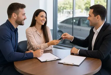 Equipe auxiliando na transferência de propriedade de um veículo.