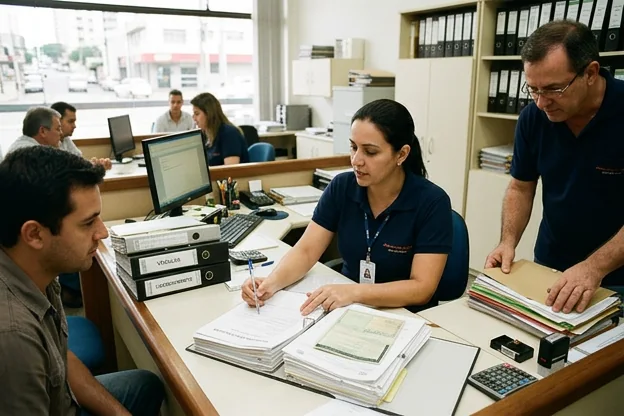 Equipe de despachante auxiliando na documentação veicular.