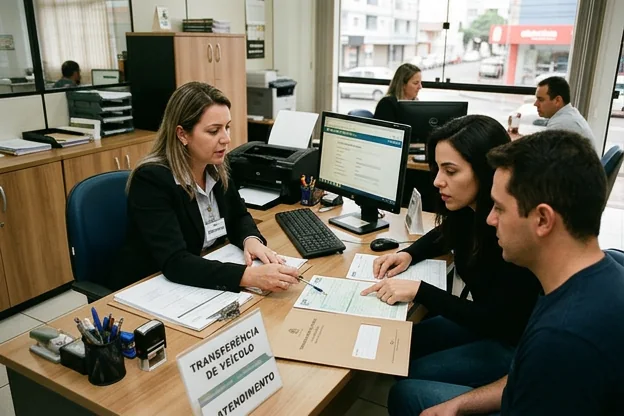 Equipe de despachante explicando os passos para transferência de veículos.